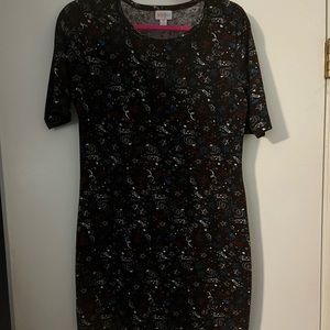 LuLaRoe Julia dress, size m, black/red/white/blue patriotic print.
